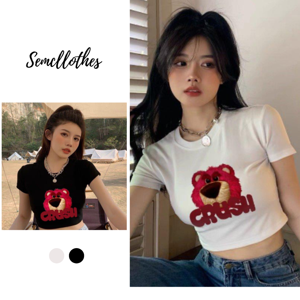 Áo croptop nữ áo thun ngắn tay in hình gấu crush Semclothes hình cuối ảnh thật A036