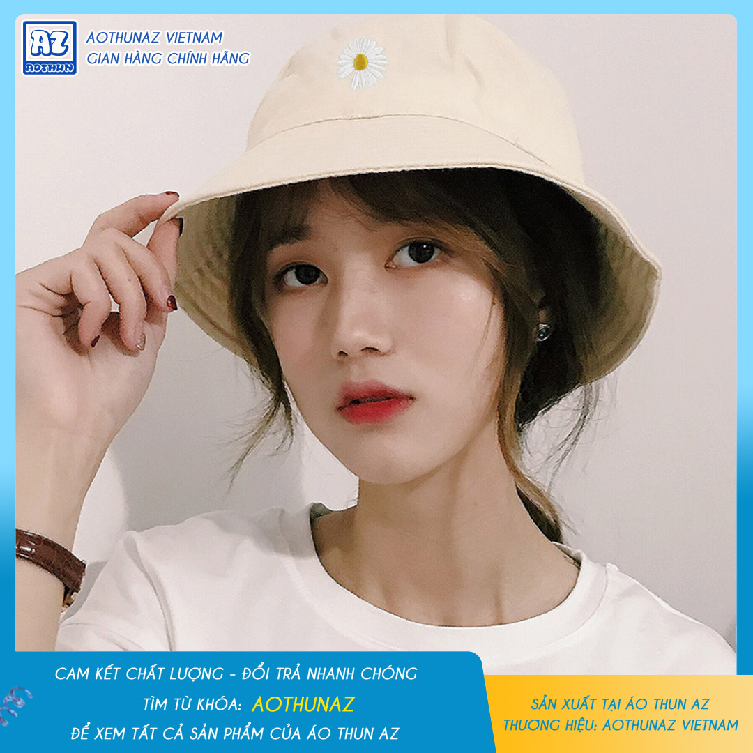Phụ kiện thời trang AOTHUNAZ - Mũ Bucket nữ màu cà phê sữa thêu hình hoa cúc