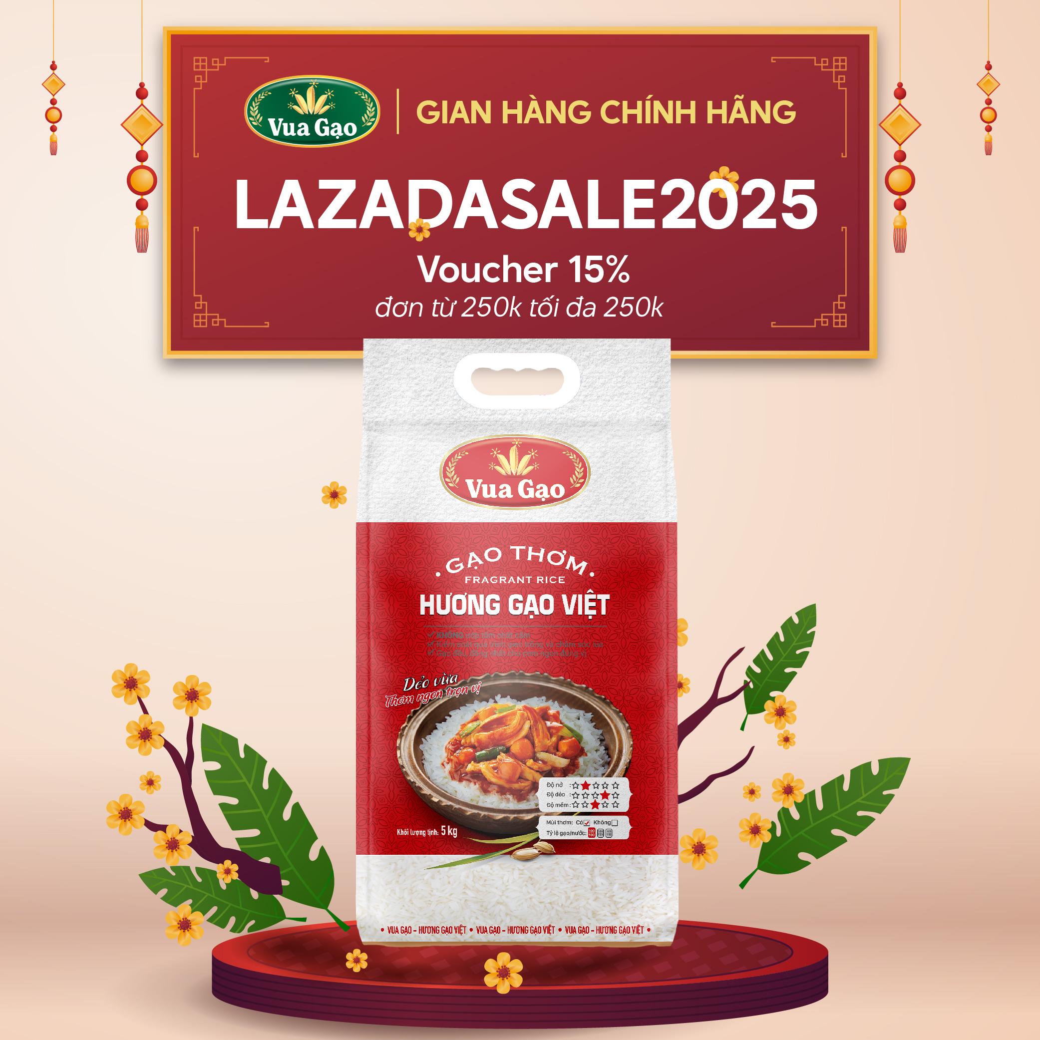 Gạo Thơm Hương Gạo Việt Túi 5kg - Chính Hãng Vua Gạo - Gạo Dẻo Vừa, Ngon Cơm, Ngọt Hậu