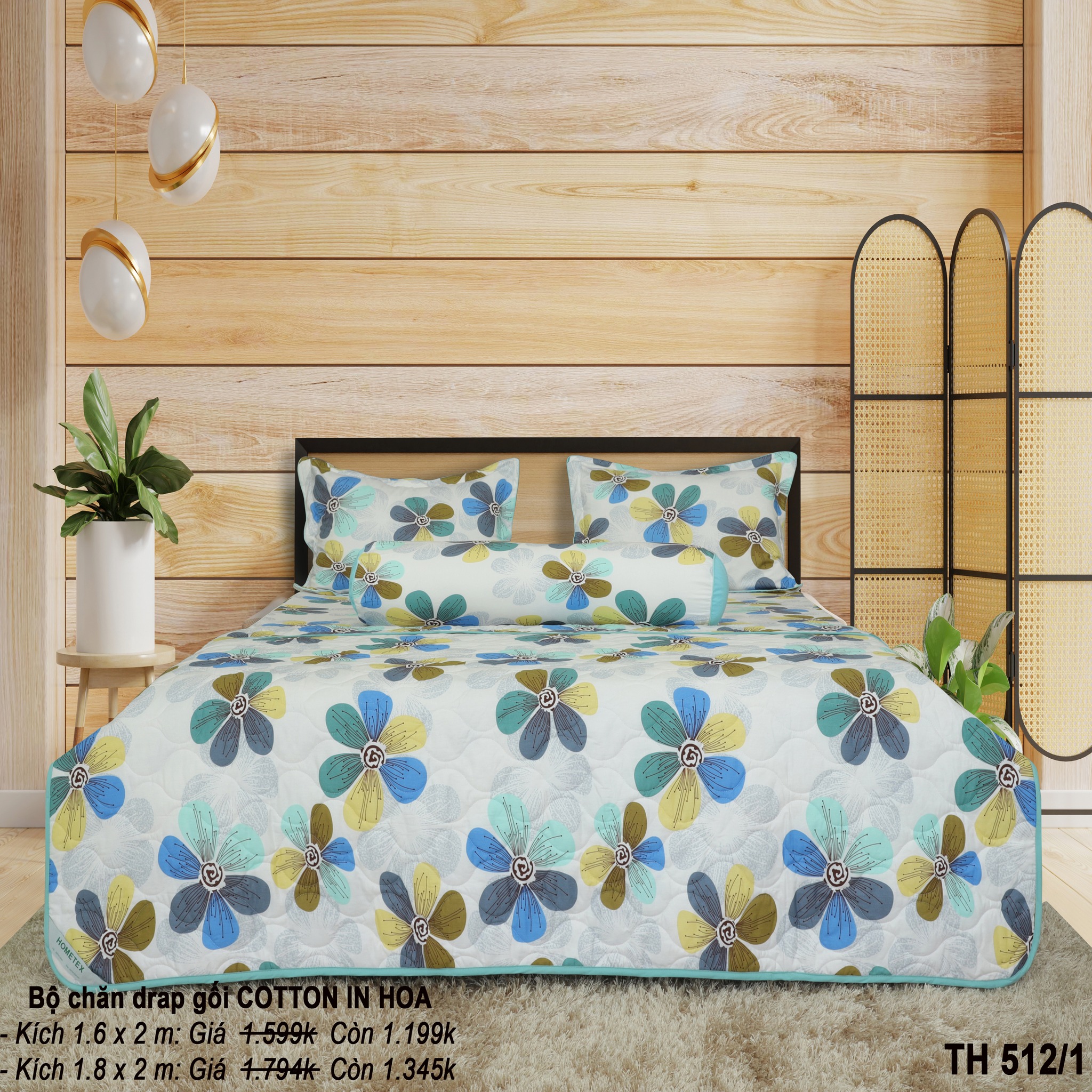 Bộ mền ga gối, bộ chăn ra gối 160x200 , 180x200 vải cotton in hoa hometex