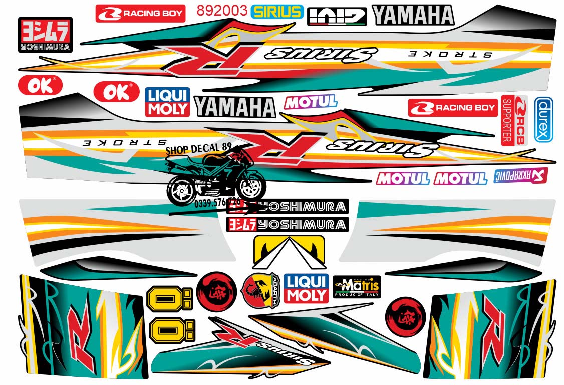 Tem Rời 3 Lớp SIRIUS MẪU CHỮ R XANH LỤC VÀNG CAM XÁM MS 892003 - Dán Cho Sirius Xăng Cơ