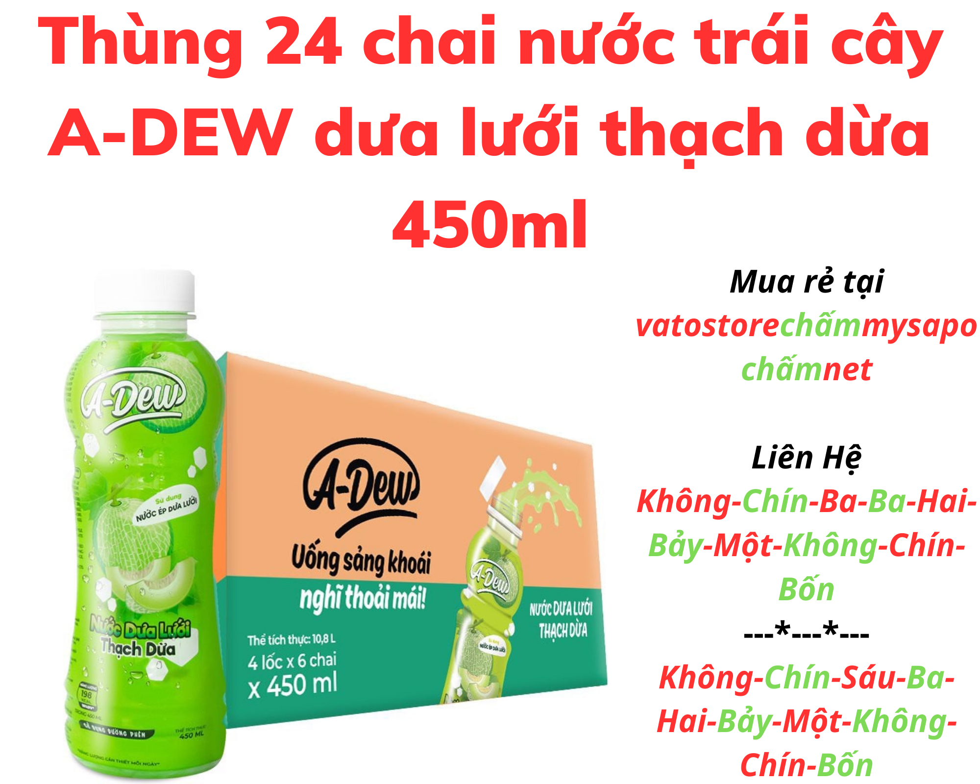 Thùng 24 chai nước trái cây A-DEW dưa lưới thạch dừa 450ml Lốc 6 chai nước