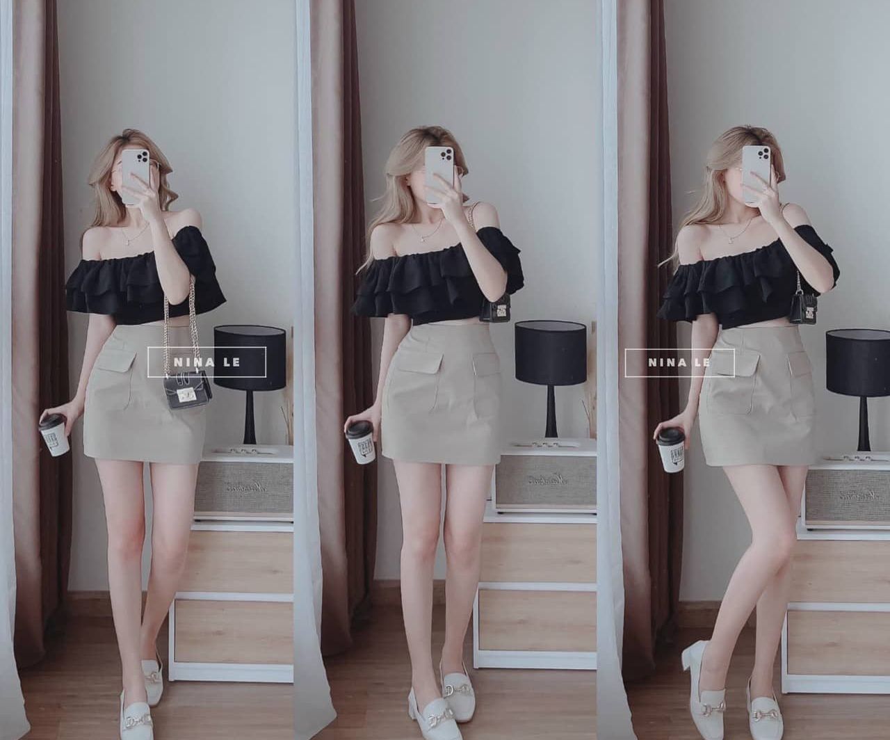 Set Nữ thiết kế sành điệu trễ vai thích hợp đi dạo, dự tiệc chất vải áo lụa váy tuyết mưa HARI