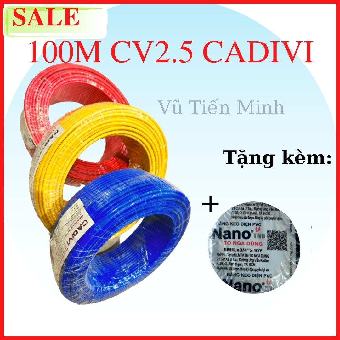 [FreeshipMAX] 100M dây điện Cadivi đơn 7 sợi CV2.5 + Tặng kèm băng keo điện Nanoco