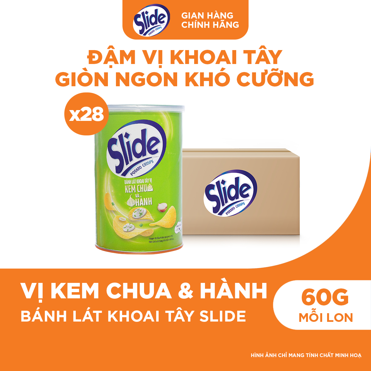 Thùng 28 Lon Bánh Lát Snack Khoai Tây Slide Vị Kem Chua  Hành 60g