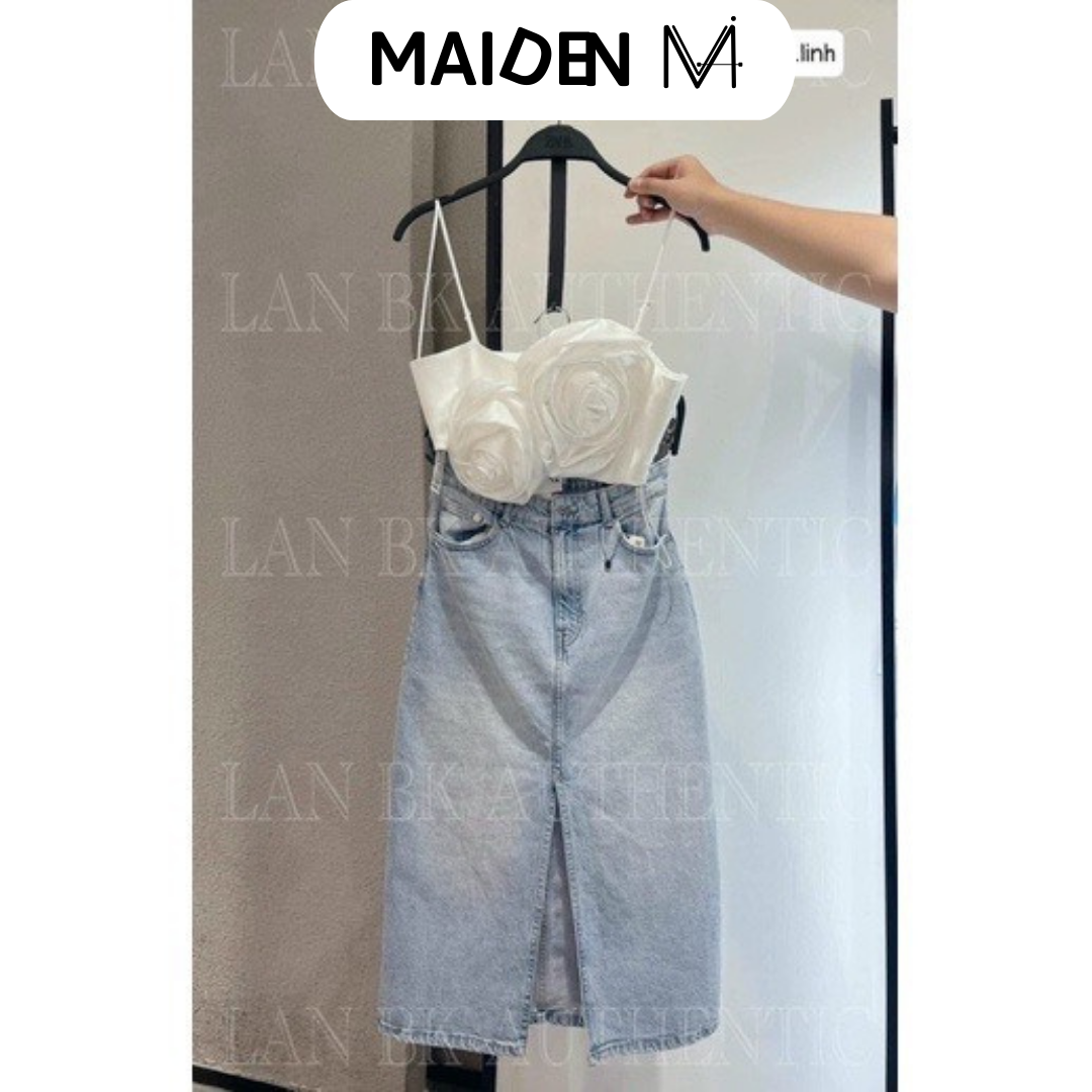 Chân váy jean xanh dáng dài, chân váy dáng dài xẻ trước