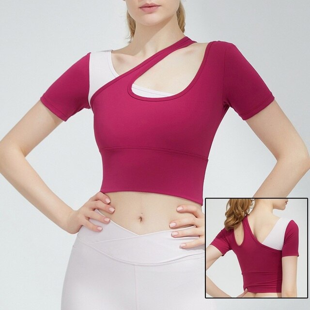 Áo croptop lệch vai tập gym yoga nữ phối trắng kèm mút siêu xinh