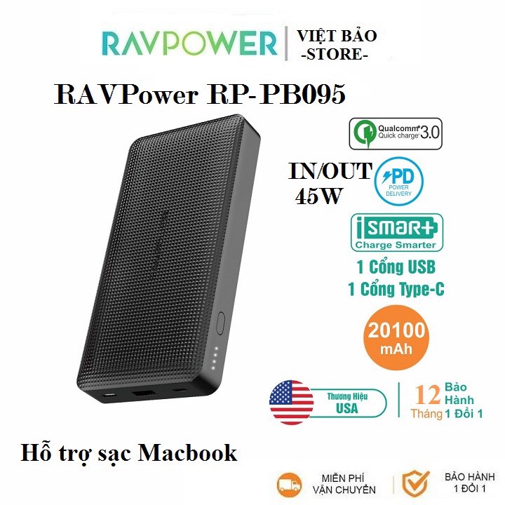 Pin sạc nhanh ravpower rp-pb095 dung lượng 20100mah - pd 45w, 2 cổng