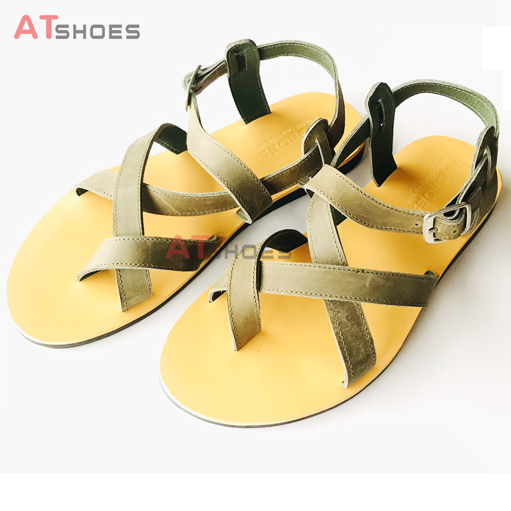 Dép Sandal Unisex cao cấp Da Bò Thật Sandal xỏ ngón nam nữ chuẩn kiểu Hàn Quốc Trẻ Trung Atshoes AT43 (Rêu)