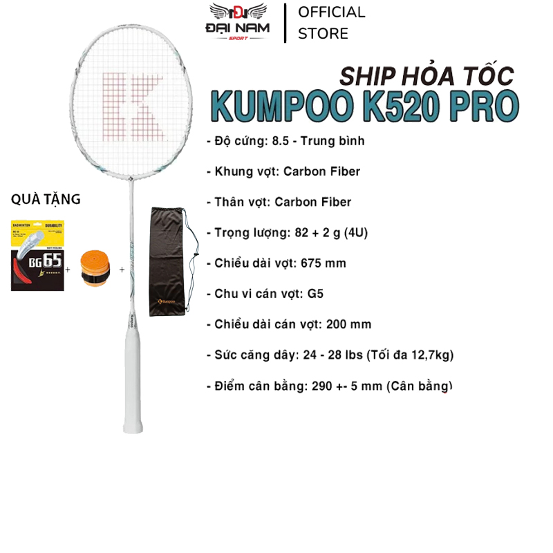 Vợt Cầu Lông Kumpoo K520 Pro Chính Hãng Full Carbon 4U G5 Căng Sẵn 11kg Căng Max 13kg + Tặng Kèm Cuốn Cán Và Túi Vải