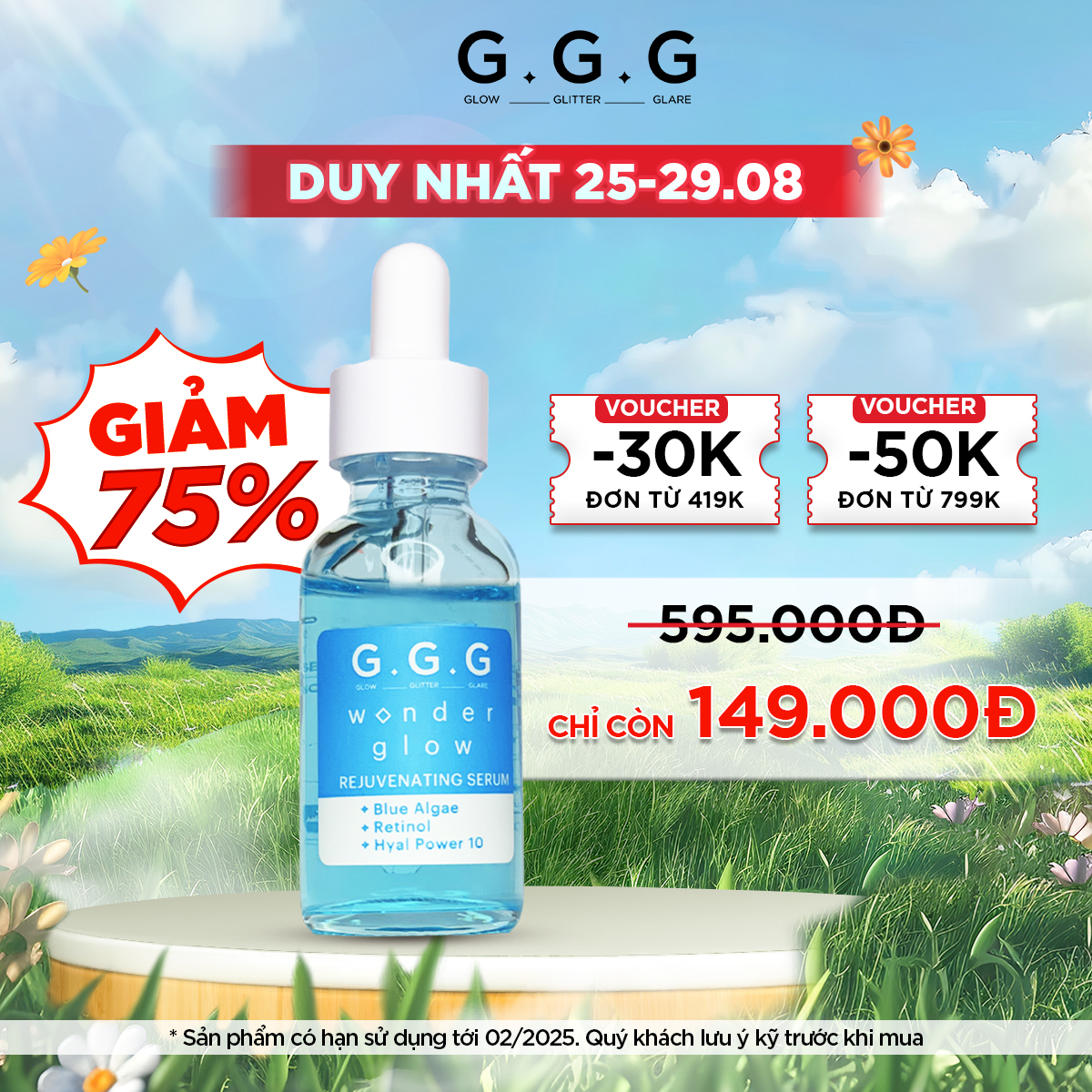 [DATE 02/2025] Serum Xanh cấp ẩm sâu, bơm đầy nếp nhăn, ngăn ngừa lão hoá có chứa Retinol G.G.G Wonder Glow Rejuvenating Serum 30ml