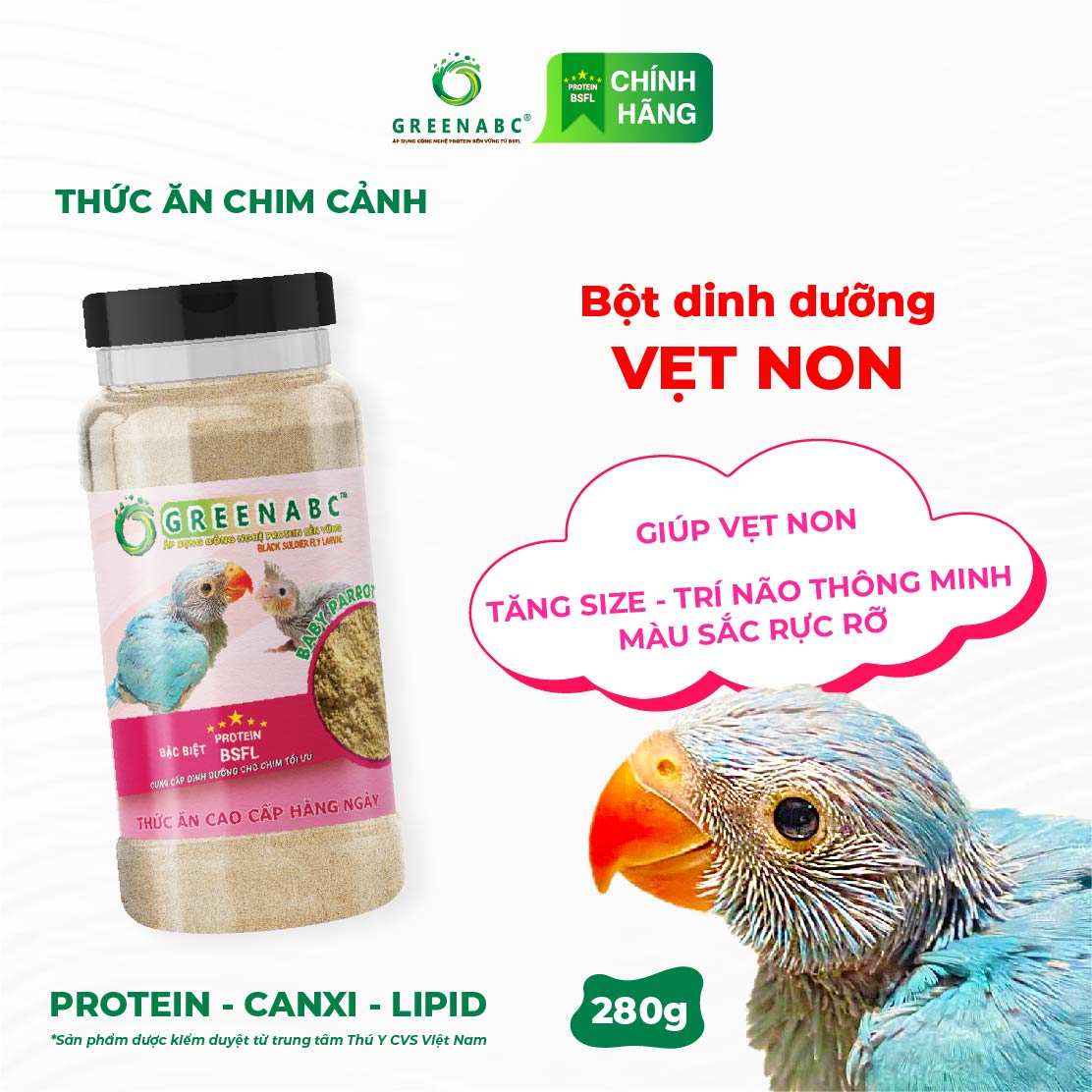 Bột dinh dưỡng cho Vẹt Non, Chim Non GREENABC – Bổ sung protein, canxi, lipid giúp chim phát triển nhanh, lông mượt, trí não thông minh – Hộp 280g