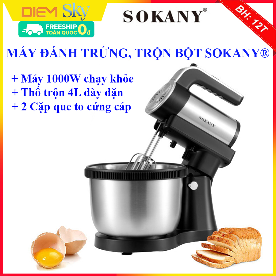 Máy đánh trứng trộn bột để bàn Sokany 1000W, 5 tốc độ, thố inox dung tích 4L. Máy đánh trứng nhồi bột làm bánh, đánh kem trộn bảo hành 1 năm