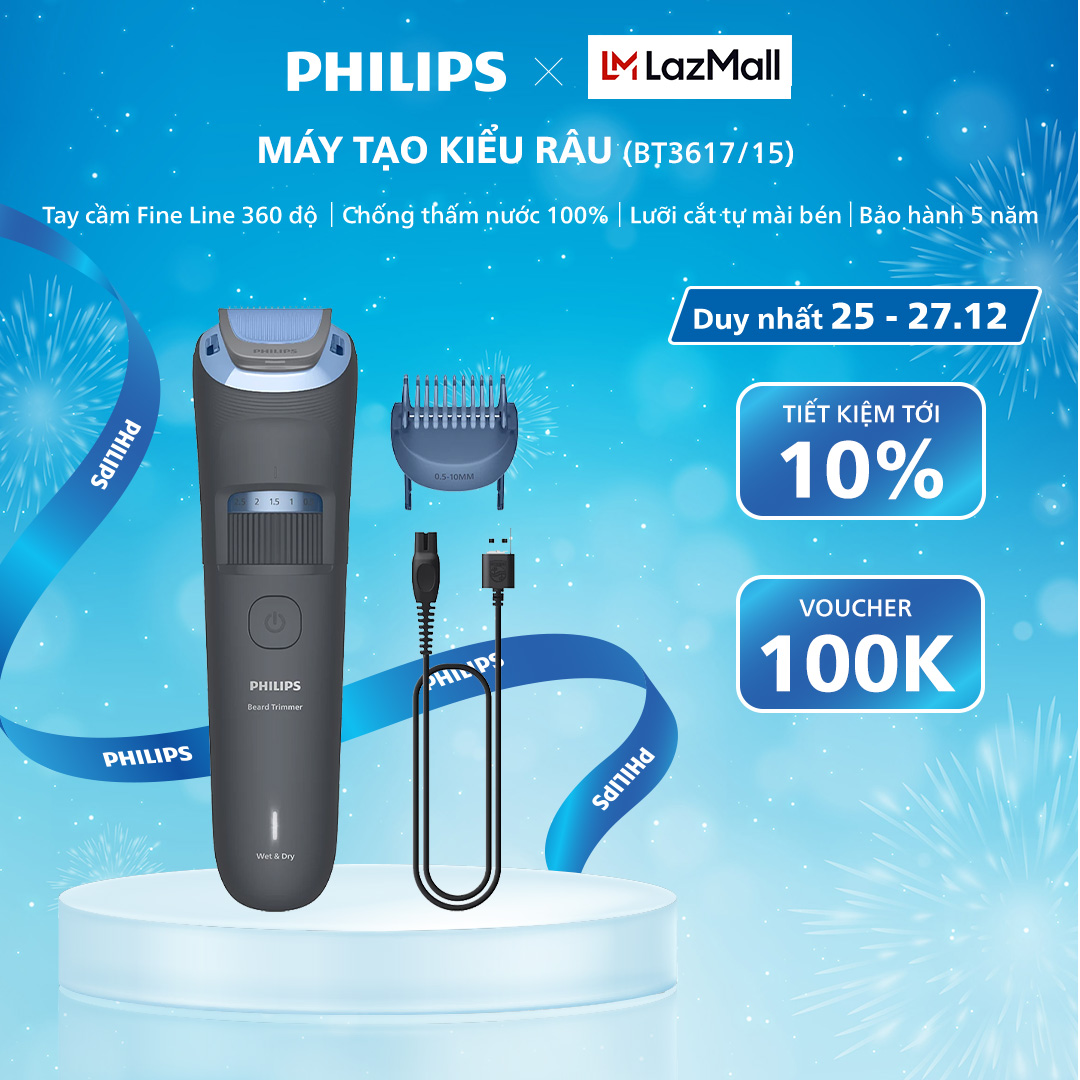  Máy Tạo Kiểu Râu PHILIPS BT3617 15 Cắt Tỉa Râu Với Đầu Lưỡi Cắt Bo Tròn Bảo Hành 5 Năm 