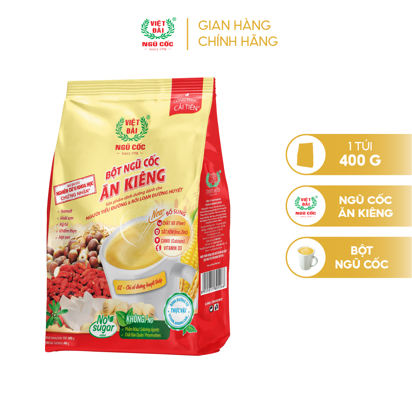 Bột Ngũ Cốc Ăn Kiêng VIỆT ĐÀI Không Đường Đầy Đủ Dinh Dưỡng Cho Người Giảm Cân Túi 400g