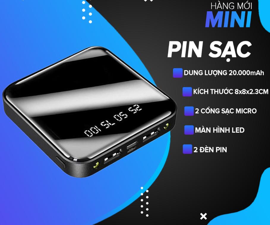 (TẶNG CÁP SẠC NHANH) PIN SẠC DỰ PHÒNG MINI SIÊU MỎNG MẶT KÍNH NHỎ GỌN 20.000MAH ĐÈN LED CHỮ SỐ 2 CỔNG ĐẦU RA USB , BH 12 THÁNG , LỖI 1 ĐỔI 1