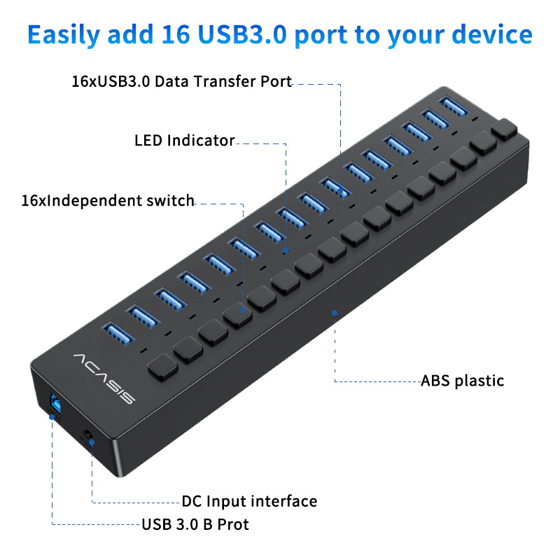 Acasis usb hub 3.0 super speed 5gbps 10/16 ports portable usb 3.0 hub splitter with external power adapter pc for accessories laptop macbook pc computer xbox one adapter