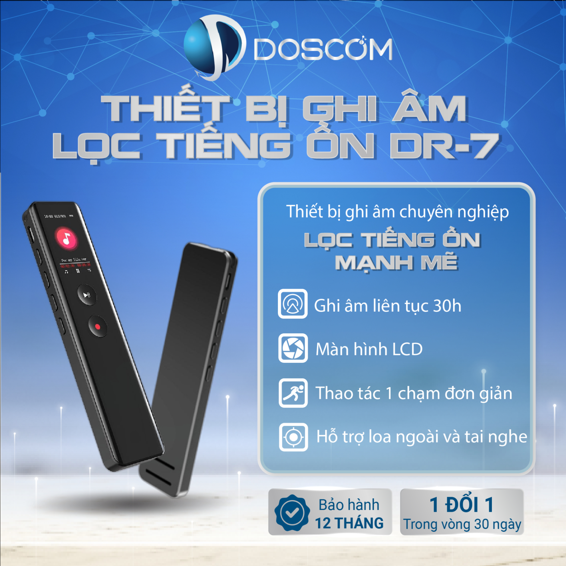 Máy Ghi Âm Chuyên Nghiệp Doscom DR-7 Lọc Âm, Giảm Tiếng Ồn, Ghi Âm Liên Tục 36 Tiếng, Tích Hợp Màn Hình LCD