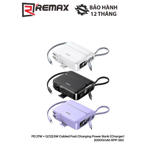 Cốc sạc kiêm Pin Dự Phòng đa năng Remax RPP-553 20000mAh QC3.0 PD max 22.5W kèm cáp sạc đa năng