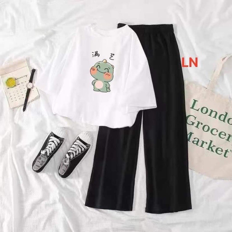Sét áo khủng long cười + quần rộng dài th6 , sét bộ unisex cá tính, sét bộ mặc ở nhà cho nam và nữ, áo thun nam nữ, quần suông ống rộng - mody