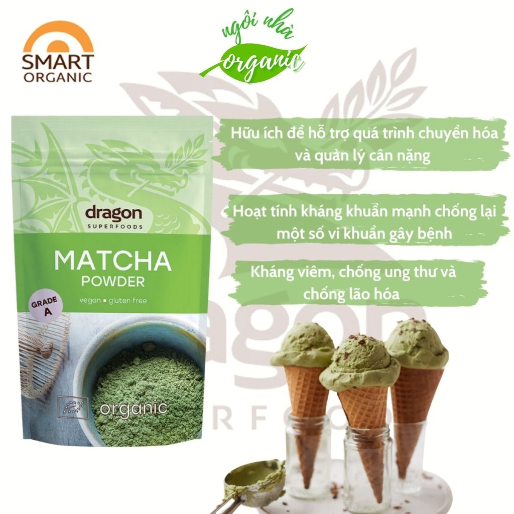 Bột Matcha trà xanh hữu cơ nguyên chất cao cấp 100g Dragon Superfoods Matcha Powder