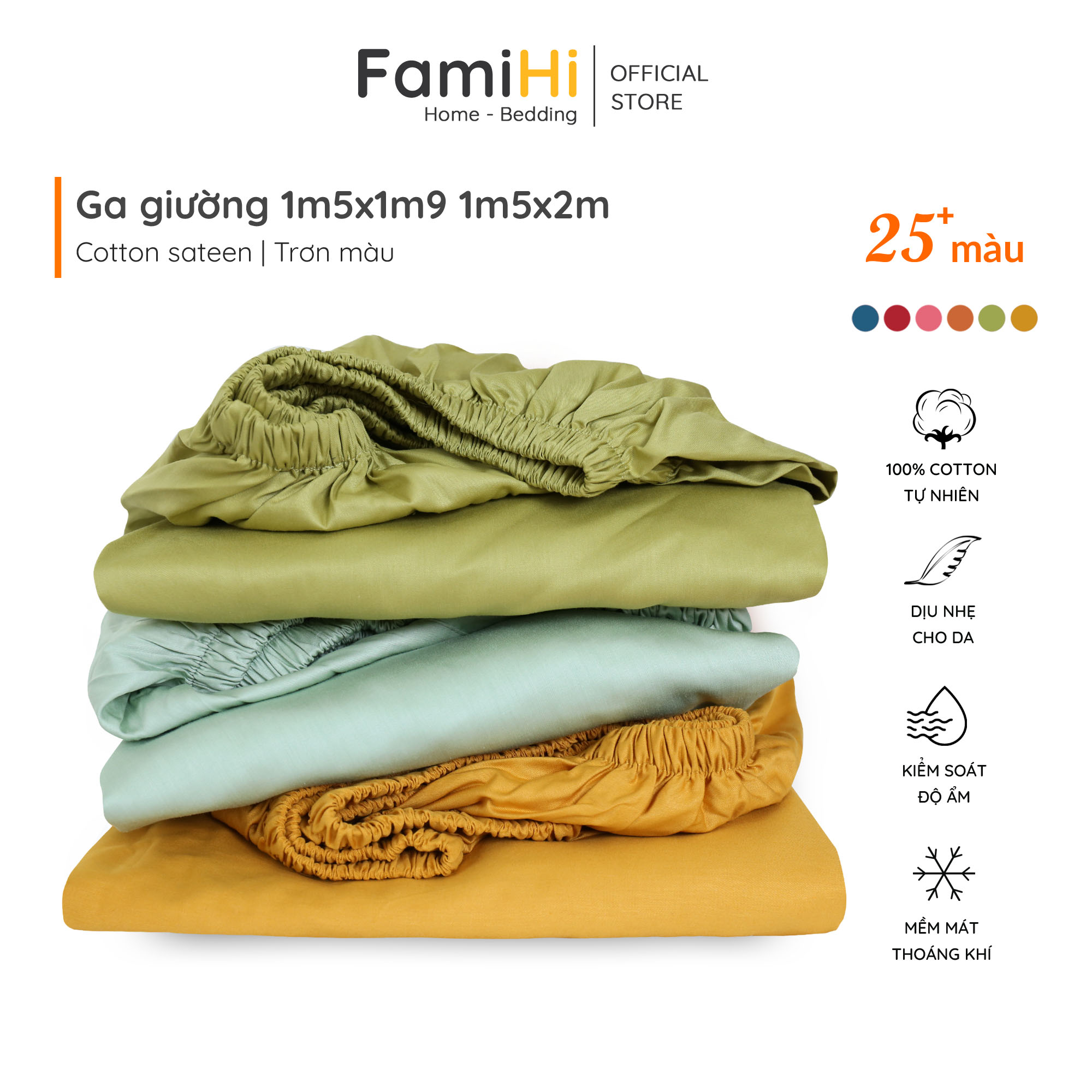 Ga giường 1m5x1m9 1m5x2m Cotton Sateen FamiHi trơn màu cao cấp, drap trải đệm 100% vải sợi tự nhiên 