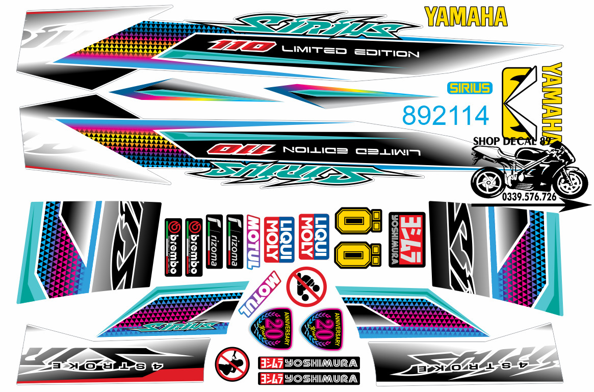 Tem chế Sirius Đa Sắc MS 892114 - Tem rời 3 lớp cao cấp - Dán xe sirius xăng cơ