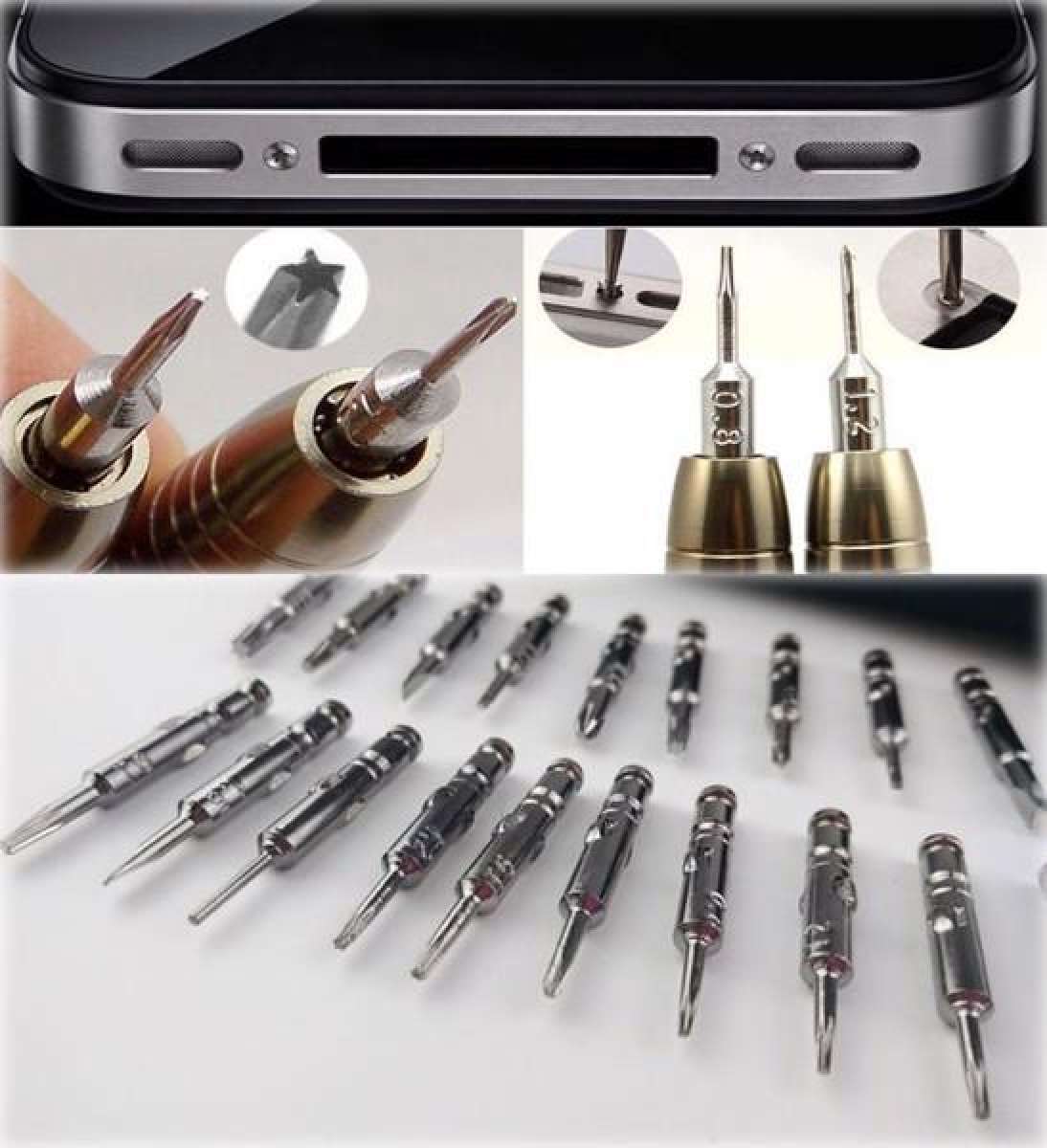 Thiết kế nhỏ gọn, thông minh, nhiều chức năng Gồm 24 đầu vít đầy đủ các dạng đầu như dẹt, 2 lỗ, tam giác, lục giác, các loại đầu từ 3 đến 6 cạnh… và 01 thân lắp đầu tua vít Có bao da đi kèm