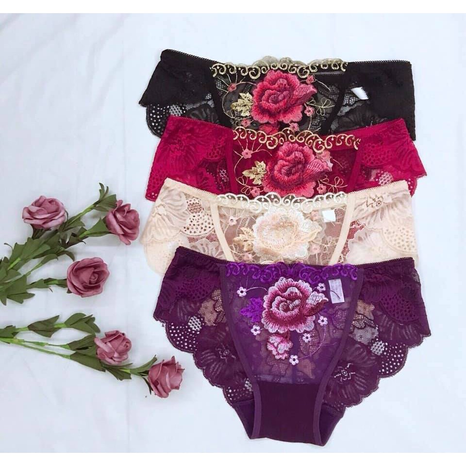 Quần lót ren hoa hồng, set 5 quần lót thêu hoa sexy- đồ lót xinh