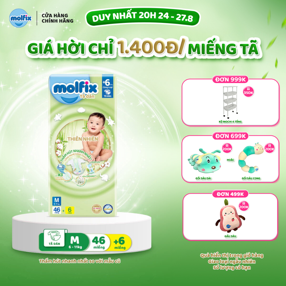 Tã/bỉm dán molfix thiên nhiên jumbo m - gói 46+6 miếng