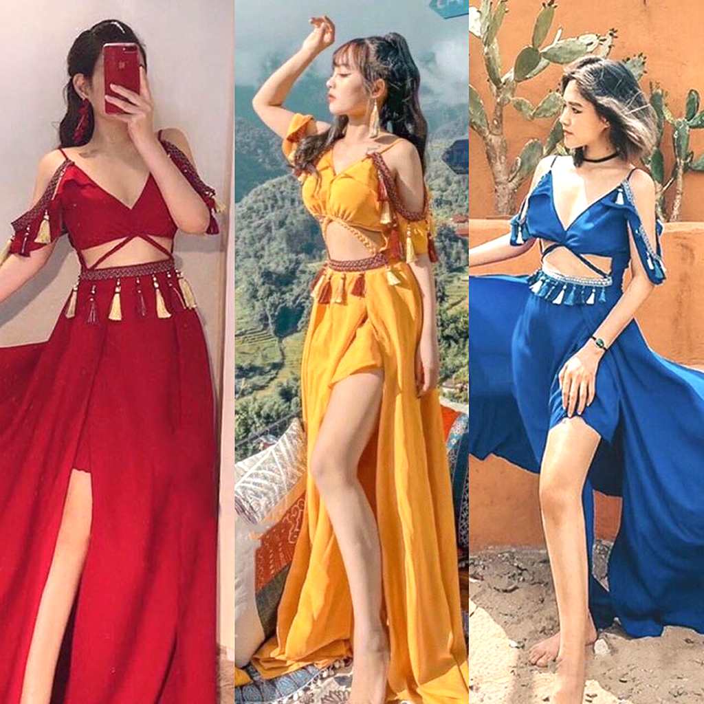 Đầm maxi đi biển dáng dài xẻ tà khoét eo phối họa tiết du lịch sống ảo thiết kế sang trọng HAKI MSP100 chất liệu vải Đũi