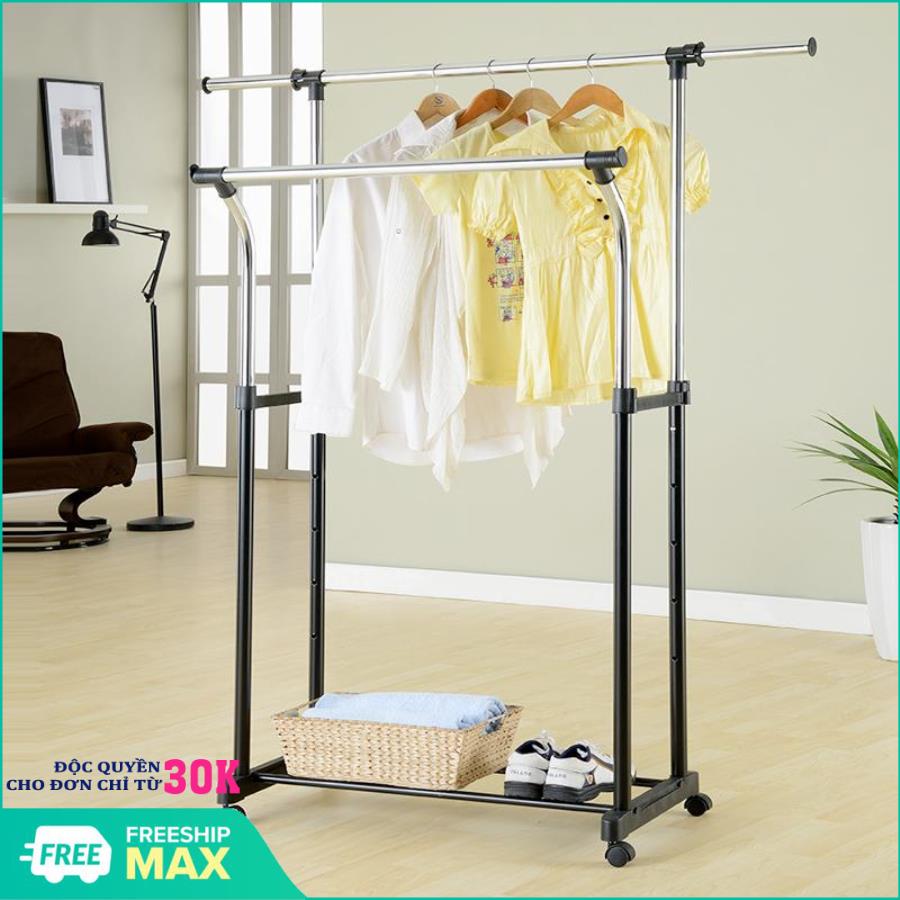 Giàn Phơi Đôi Lắp Ráp 2 tầng Inox Cao Cấp SH250iv, cây treo quần áo inox, Giàn phơi quần áo thông minh - Giàn phơi đôi - kệ treo quần áo inox 2 tầng thông minh có bánh xe tiện lợi, cây treo quần áo