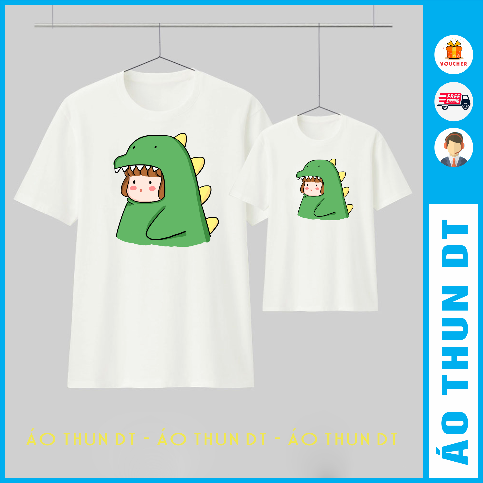 Áo thun gia đình 3/4/5 người Khủng Long chất cotton mịn mát đủ size