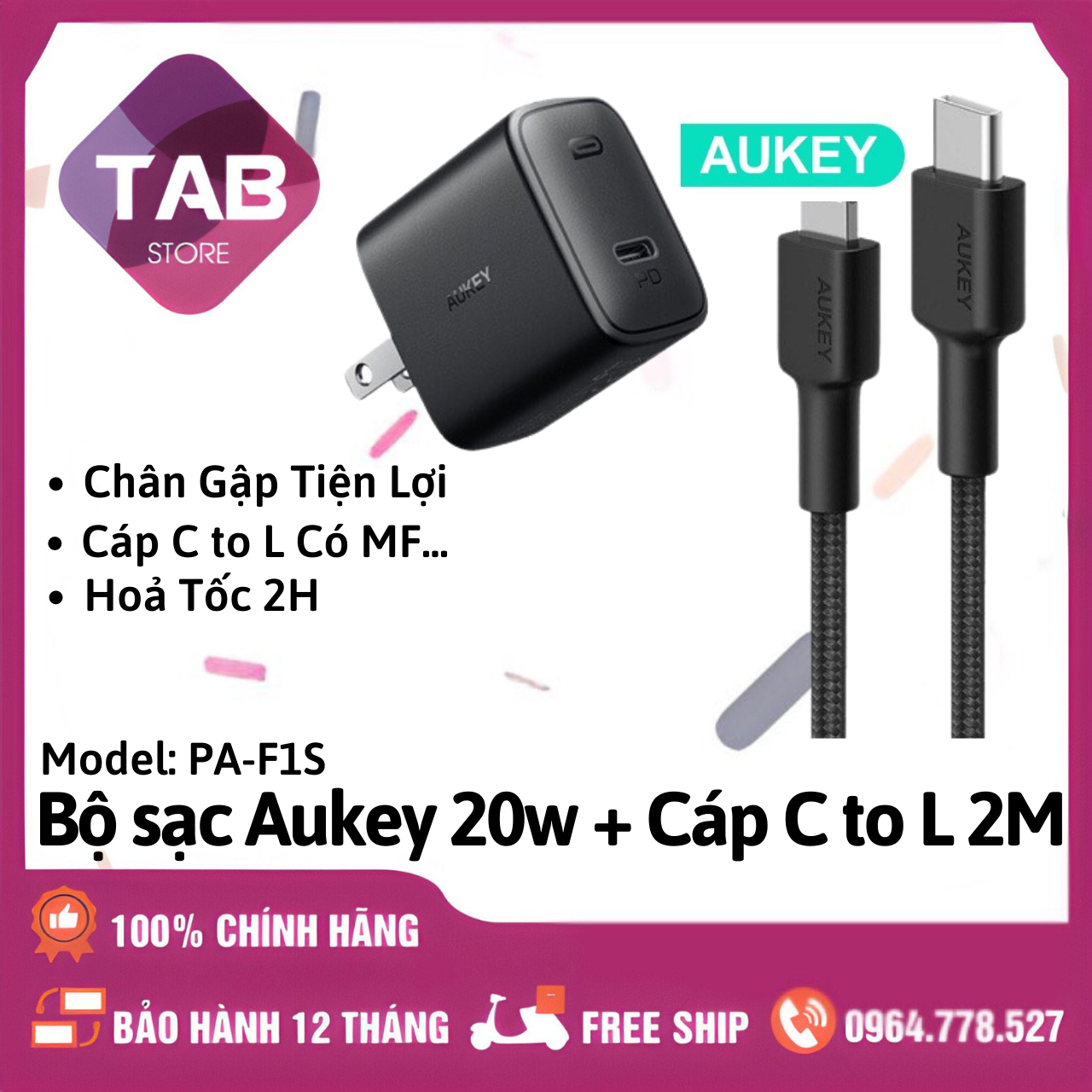Bộ Sạc Aukey 20w PA-F1S Kèm Dây C to L Dùi 2m - Bảo Hành 12 Tháng