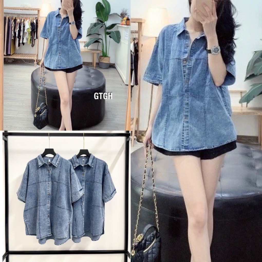 Áo sơ mi jean nữ ngắn tay kẻ ô xanh đậm, sơ mi bò tay lỡ from rộng nam nữ unisex, sơ mi kiểu, áo bò nữ, áo nữ, sơ mi nữ trơn phong cách ulzzang