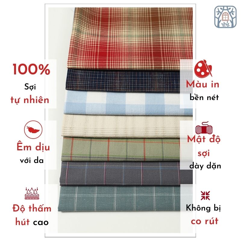 Caro-2022 vải cotton 100% tự nhiên chuanshui khổ vải 110cm , caro nhật bản 2022 - vải đẹp handmade, quilt, may vá