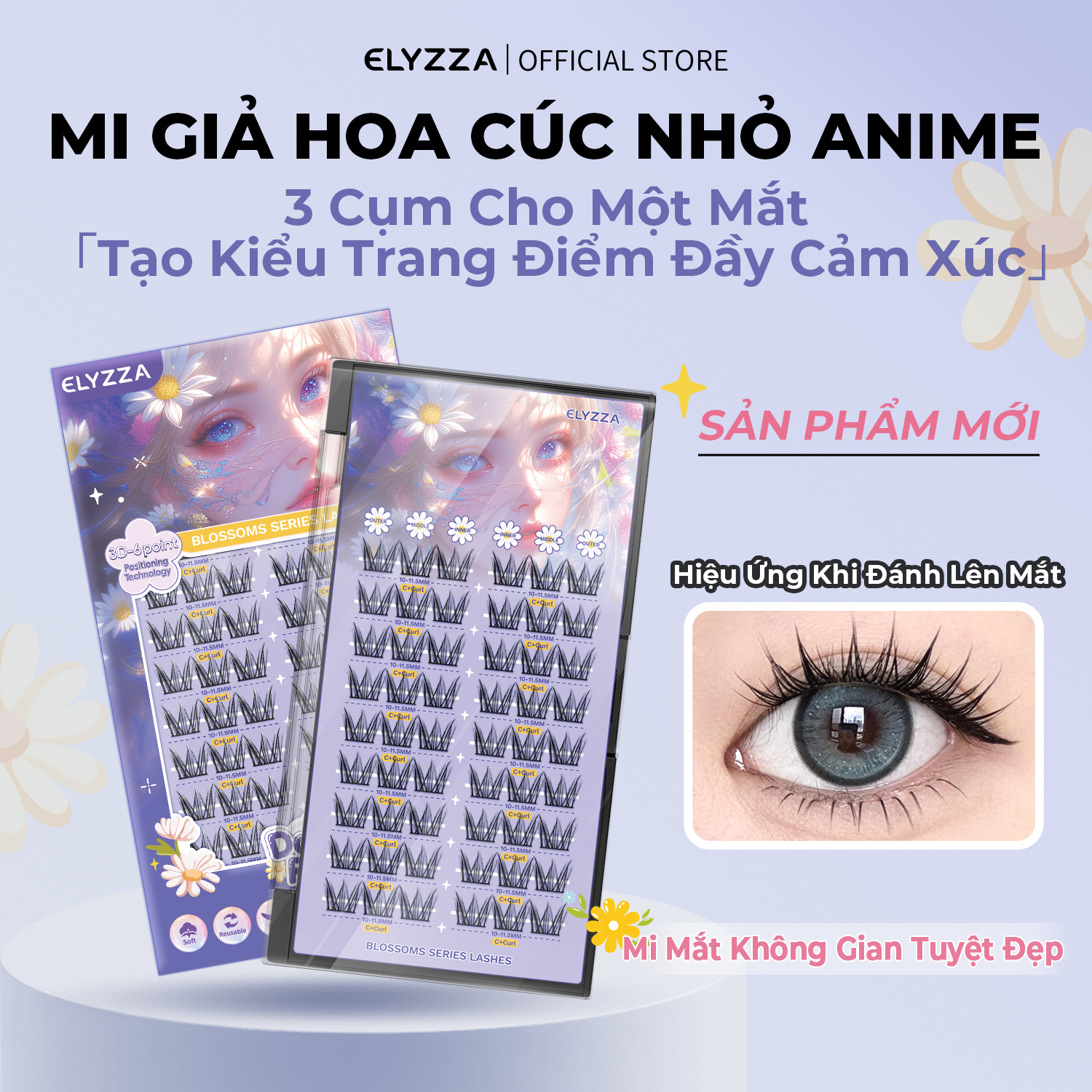 Mi Giả Hoa Cúc Nhỏ Anime ELYZZA Lông Mi Siêu Nhẹ & Tự Nhiên, Nối Mi Cong C-D, Mi Sợi 9-10mm, Mi Cụm Dễ Dán, Có Thể Sử Dụng Được Nhiều Lần