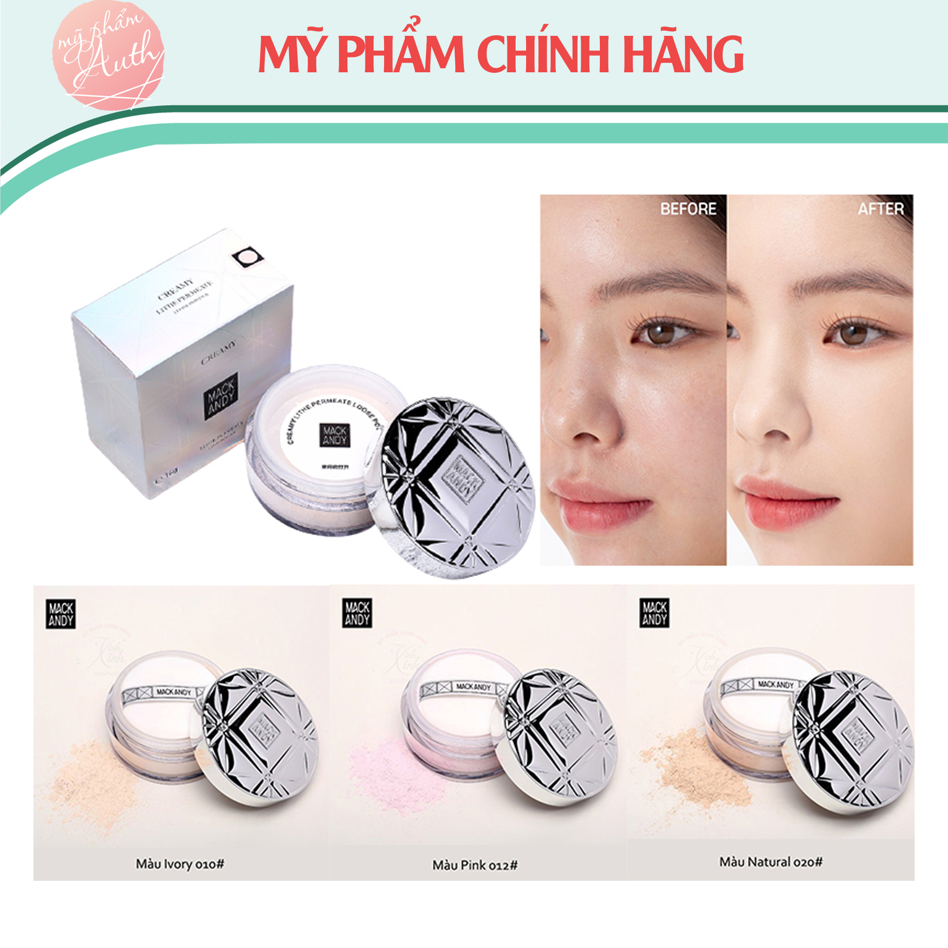 [free ship] Phấn Phủ Kiềm dầu có nhũ kim tuyến Mack Andy, phấn phủ mackandy