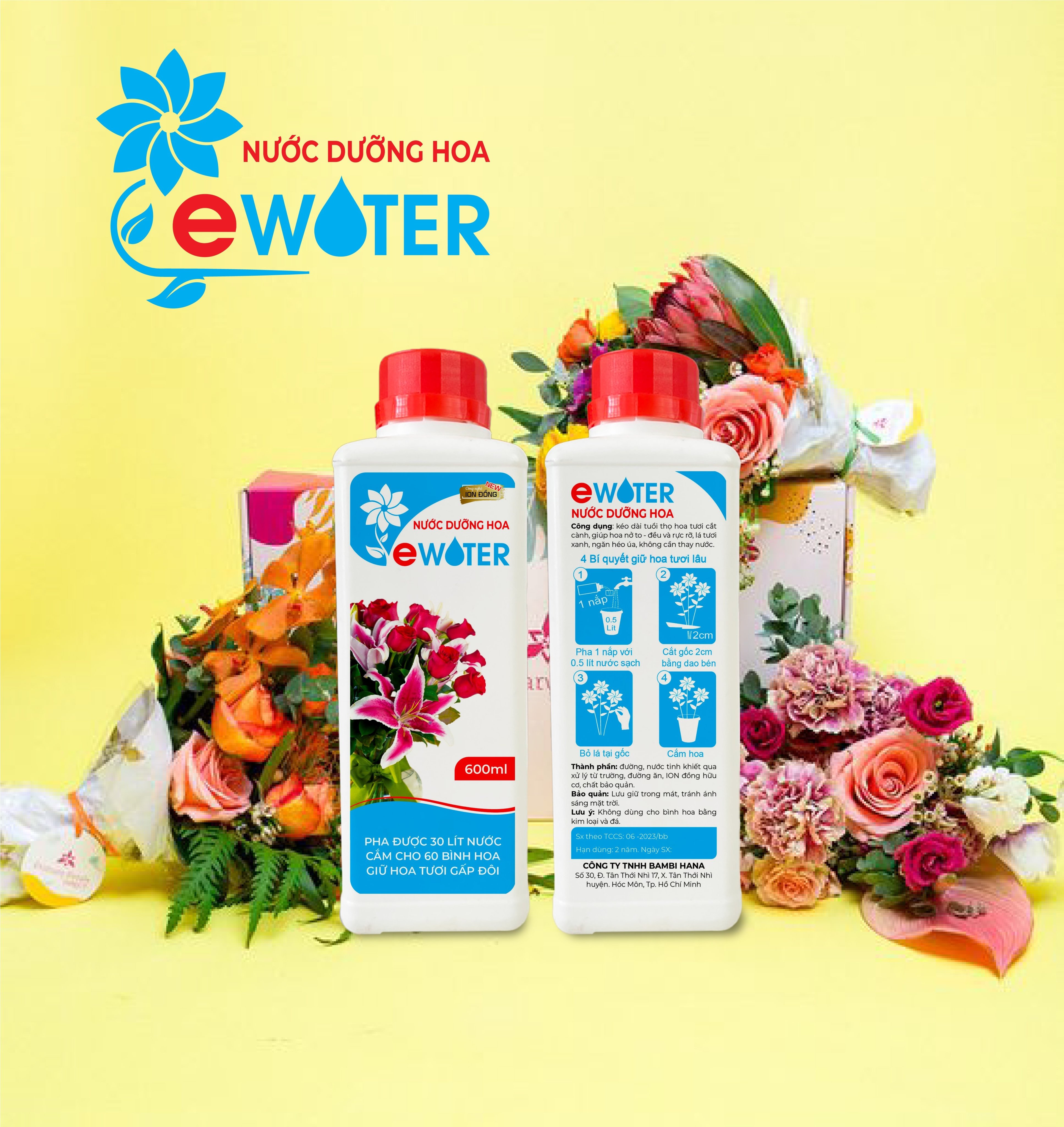 Nước dưỡng hoa tươi lâu Ewater chai 600ml pha 30L nước, nước cắm hoa đậm đặc, tương đương 60 gói lẻ