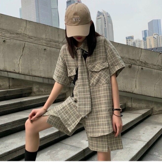 Set bộ sơ mi caro kèm caravat unisex siêu cool ngầu-nu