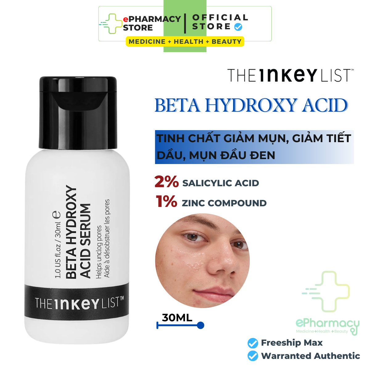 BHA The INKEY List Tinh chất tẩy da chết giảm mụn đầu đen Beta Hydroxy Acid Serum 30ml