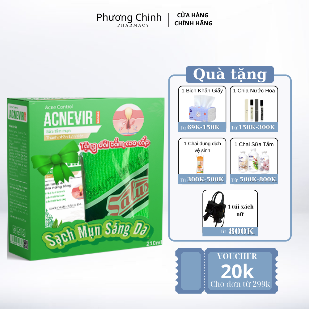 Sữa Tắm Giảm Mụn Lưng Chuyên Biệt Dành Cho Da Mụn Hỗ Trợ Thu Nhỏ Lỗ Chân Lông, Viêm Nang Lông Acnevir Santafa Chai 210ml