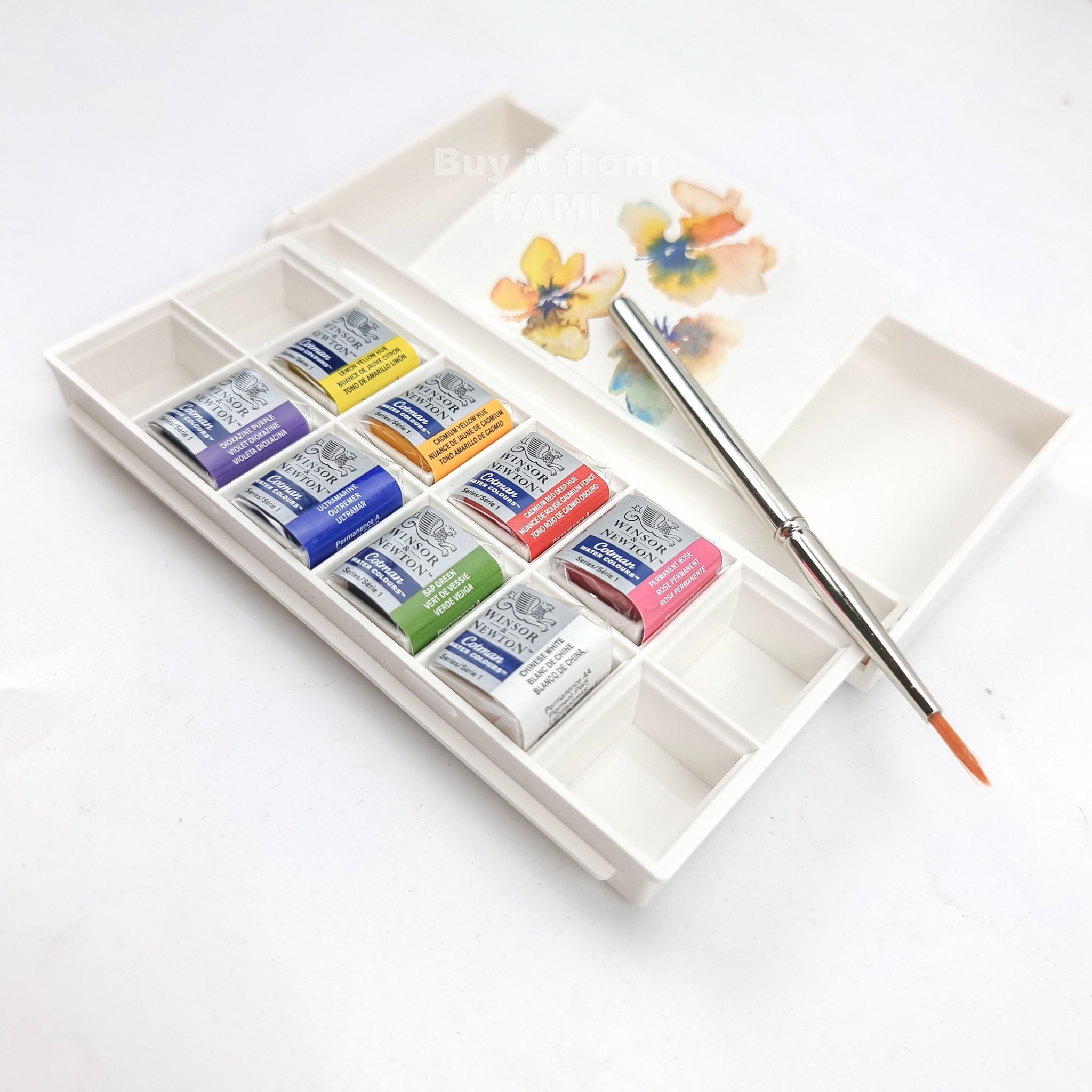 Màu nước Winsor & Newton set 8 màu half-pan kèm cọ - Floral Pocket Set
