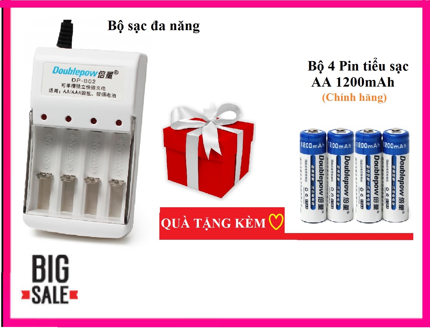 Combo sạc Doublepow DP-B02 và 4 pin tiểu sạc Doublepow AA 1200mAh