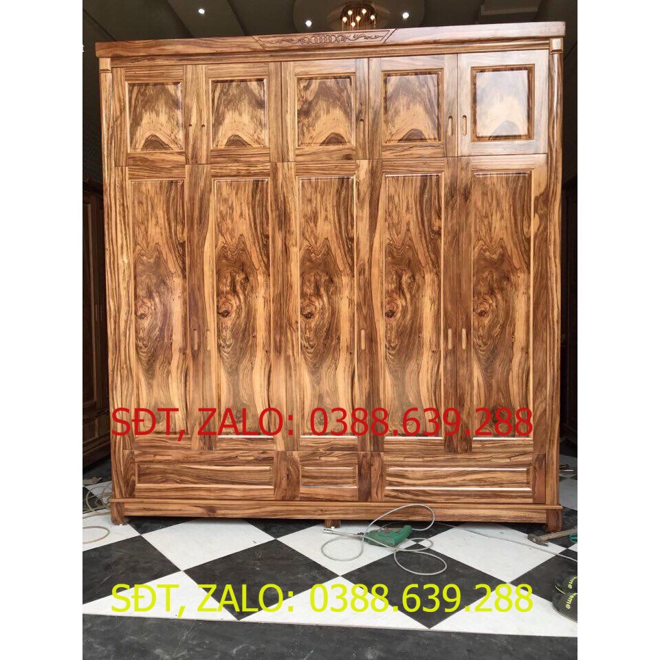 Tủ áo 5 CÁNH 2 tầng gỗ hương xám, TỦ ÁO GỖ CAO CẤP ,TỦ GỖ .