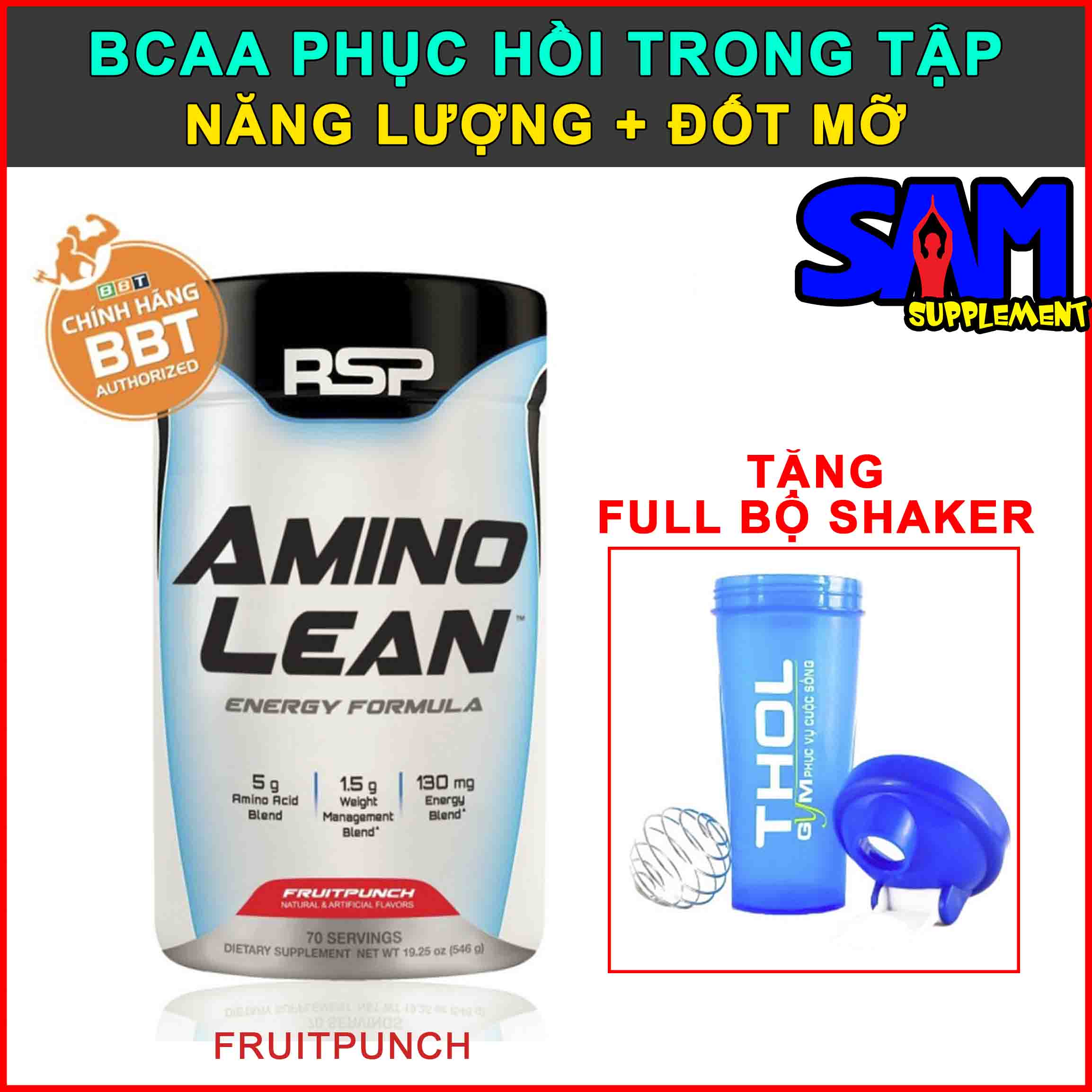 [Chính hãng BBT] RSP AminoLean 70 liều dùng - Đốt mỡ, BCAA trong tập, Đốt mỡ, Tập trung, Tỉnh táo - Tem nhãn chính hãng BBT, THOL- VỊ FRUITPUNCH