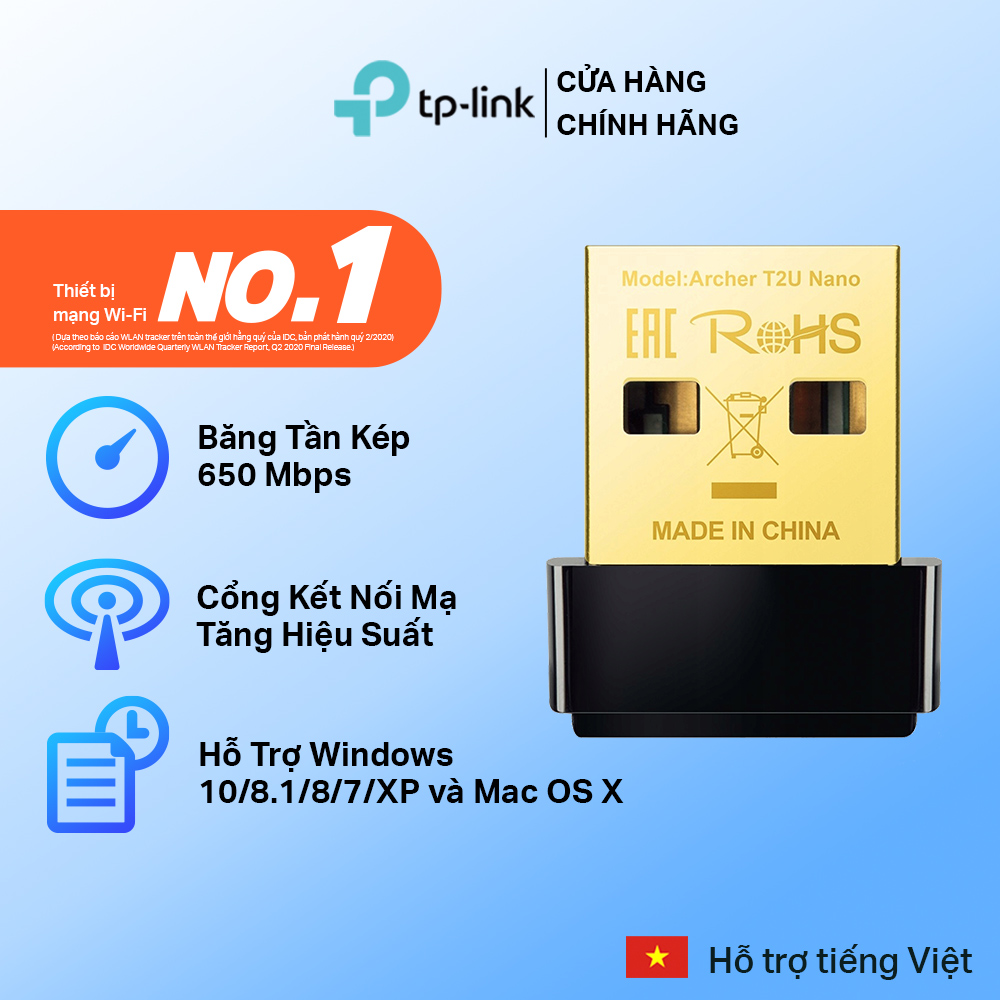 [cổng cắm mạ vàng✨] Bộ Chuyển Đổi USB Wifi TP-Link Archer T2U Nano Băng Tần Kép Chuẩn AC600 Mbps - Hãng phân phối chính thức