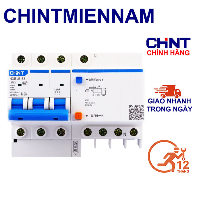 Cầu dao áp tô mát chống dòng rò 3p+n pha 32a, 63a, mcb chống giật chint - nxble 3p+n 32a