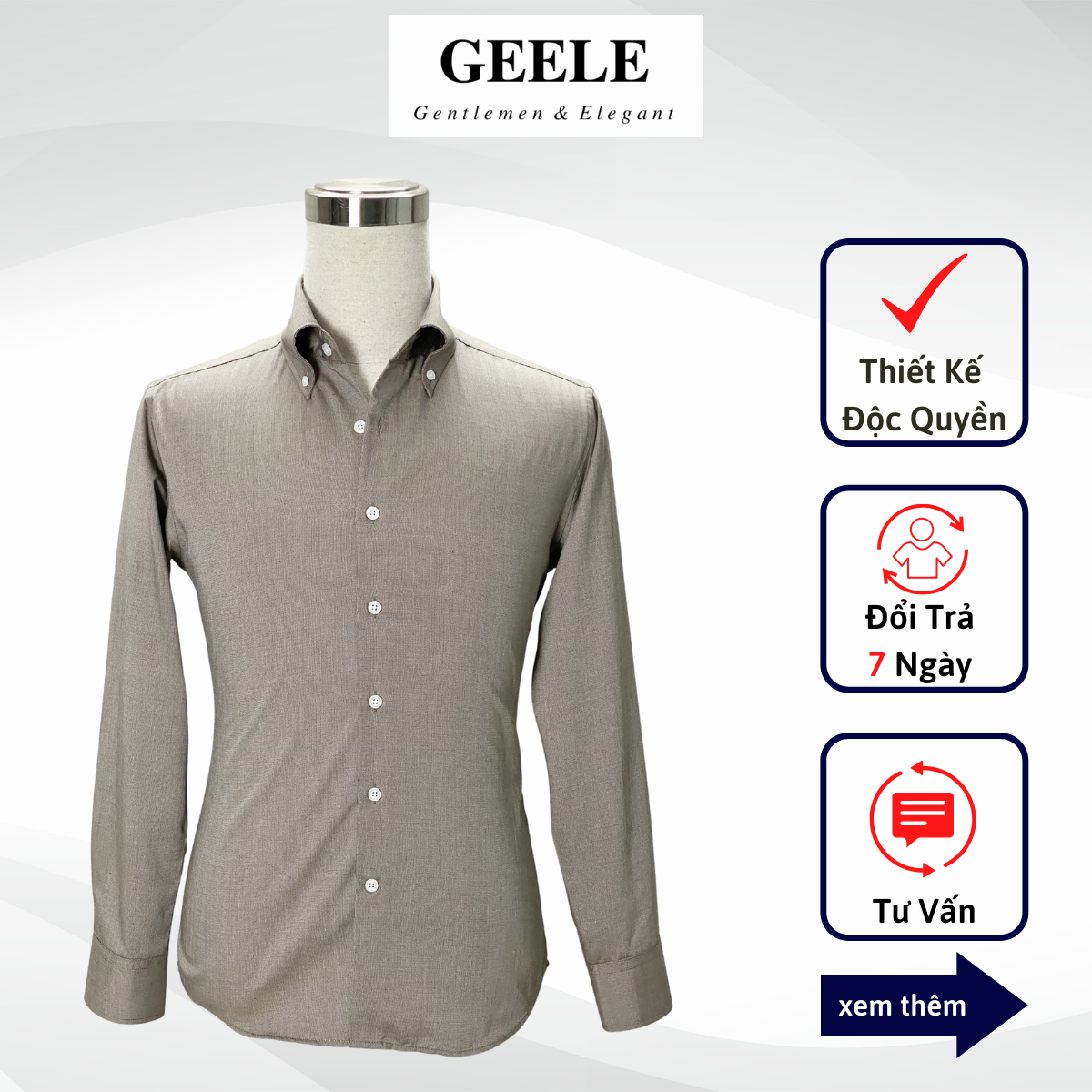 Áo Sơ Mi Nâu Nam Dài Tay GEELE Cổ Botton Down Form Regular FIT SM09