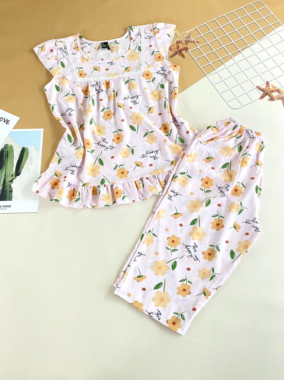 Đồ bộ tole,đồ bộ mặc nhà,lanh cánh tiên,đồ bộ quần lửng,cổ viền ren phối vuông ,xinh SIZE ,